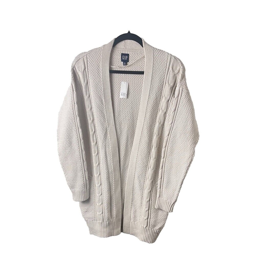 GAP   Cardigan‎ Sweater Cream Chunky Cable Knit Open Front  Cotton Blend XS